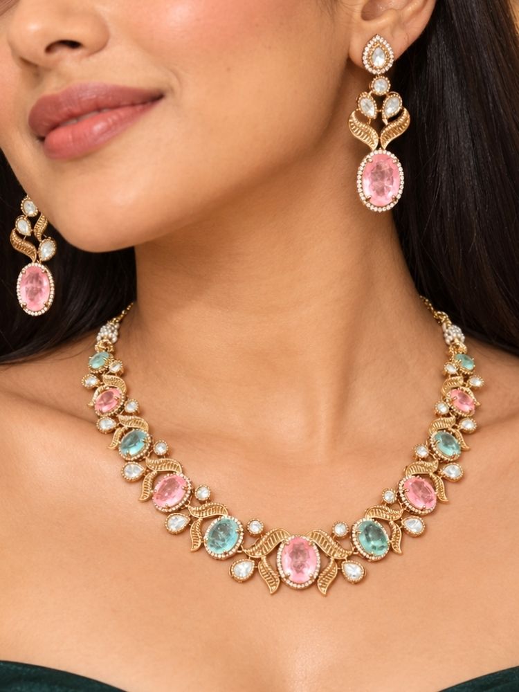 Dilnawaz Pink & Blue Doublet Stone Necklace Set