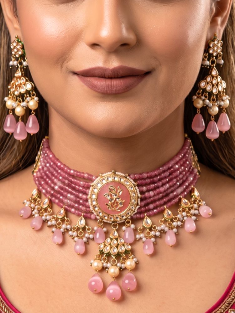 Natyashri Kundan Pink Bead Choker Necklace Set