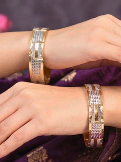 Close-up of an a women wearing ornate traditional (Gold Polish) Gold & Silver Bangles Set. It’s comfortable and lightweight enough for everyday wear, and it also looks absolutely beautiful and elegant. The design is stylish, the finish is impressive, and it feels really pleasant to wear all day.