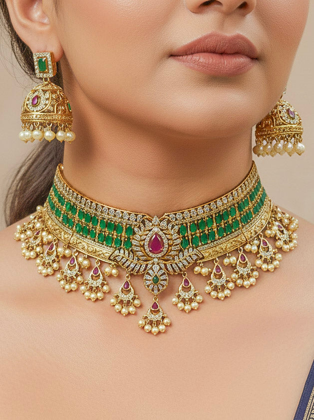 Kavira Emerald Green Choker Necklace Set