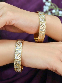 Close-up of an a women wearing ornate traditional (Gold Polish) Gold & Silver Bangles Set. It’s comfortable and lightweight enough for everyday wear, and it also looks absolutely beautiful and elegant. The design is stylish, the finish is impressive, and it feels really pleasant to wear all day.