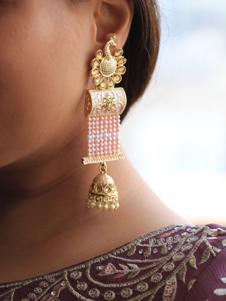 Mint Pink Akriti Pearl Long Jhumki Earrings