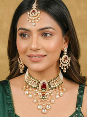 The Grandeur Green & Red Polki Necklace Set