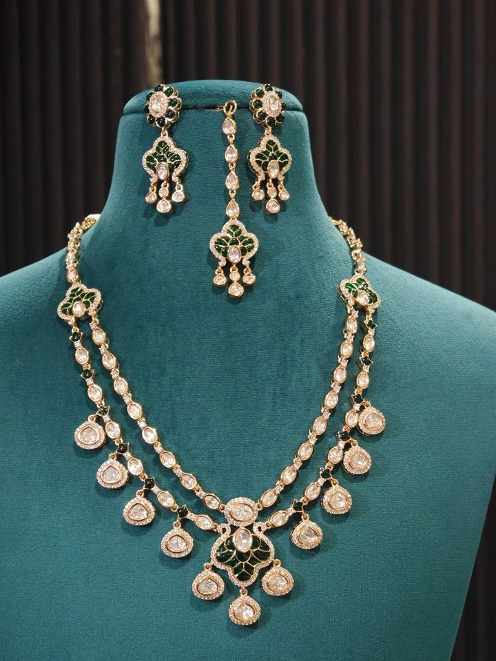 Zamora Green Polki Necklace Set with Maangtikka