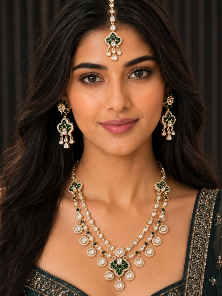 Zamora Green Polki Necklace Set with Maangtikka