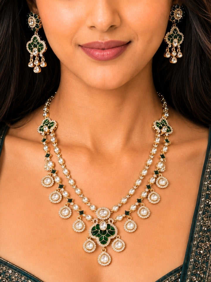 Zamora Green Polki Necklace Set with Maangtikka