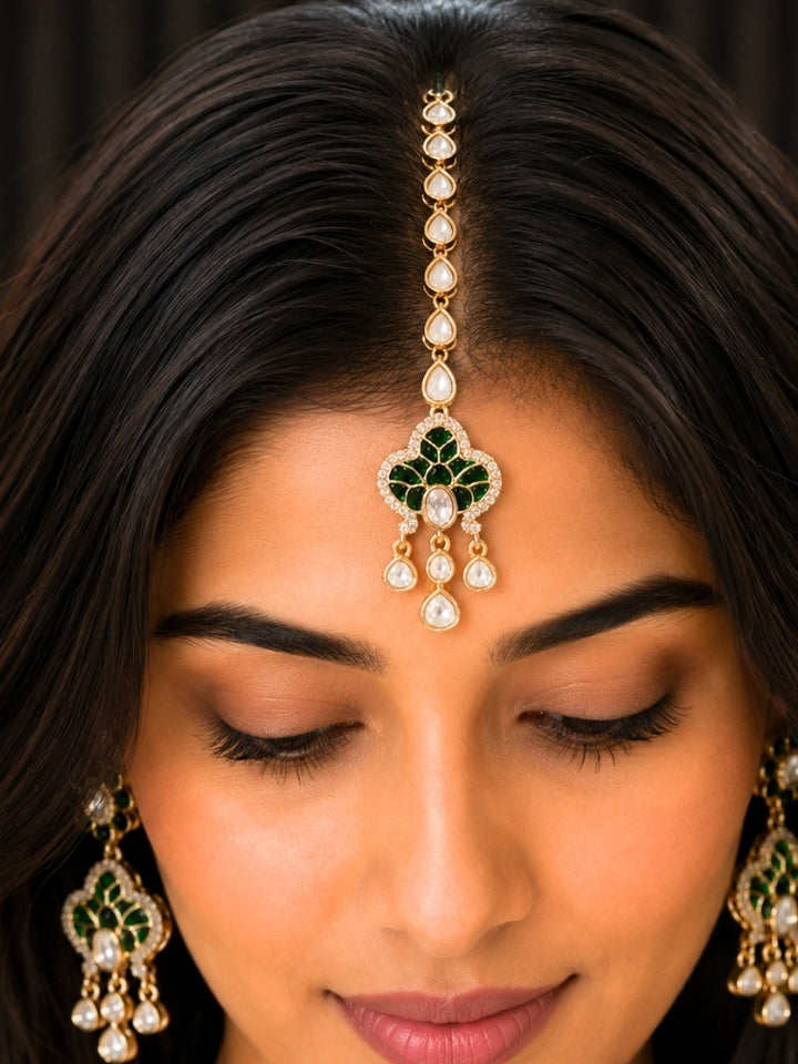 Zamora Green Polki Necklace Set with Maangtikka