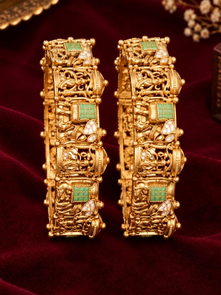 Muziri Bangle Set – pair of antique gold temple bangles with mint green stones on velvet, gold plated kada bangles online