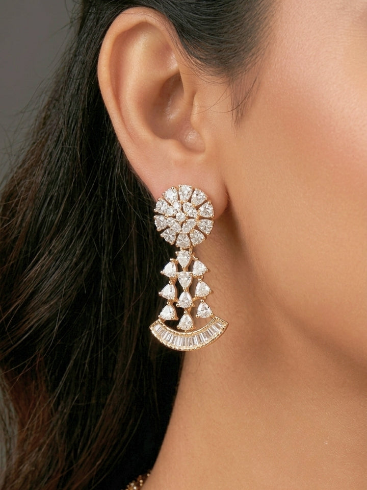 Close-up of a woman wearing an ornate Western (Silver Polish) Collar jewellery set and earrings with American Diamond. Party wear outfit completed with a lightweight American diamond necklace. Reception-ready look featuring a American diamond jewelry set.