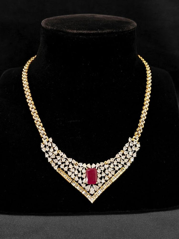 Close-up of an ornate Western (Silver Polish) Pink Collar jewellery set and earrings with Pink Colored Stone and American Diamond. Woman styling a statement American diamond necklace with an off-shoulder gown for a reception. Party wear outfit completed with a lightweight American diamond necklace.