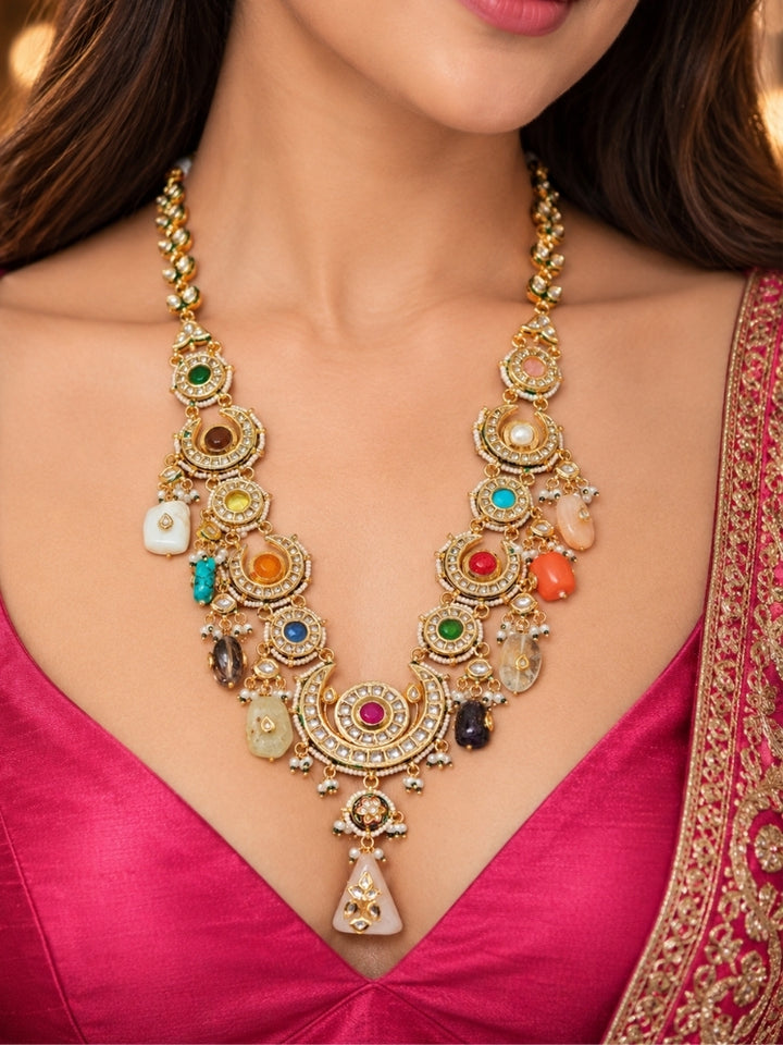 Close-up of Navrang multi-color long haar with polki crescents, coloured stones and pearl drops