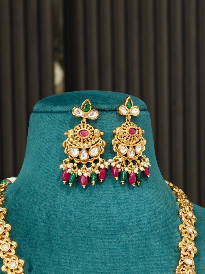 Rajkanya Gold Necklace Set (Red & Green Beads)