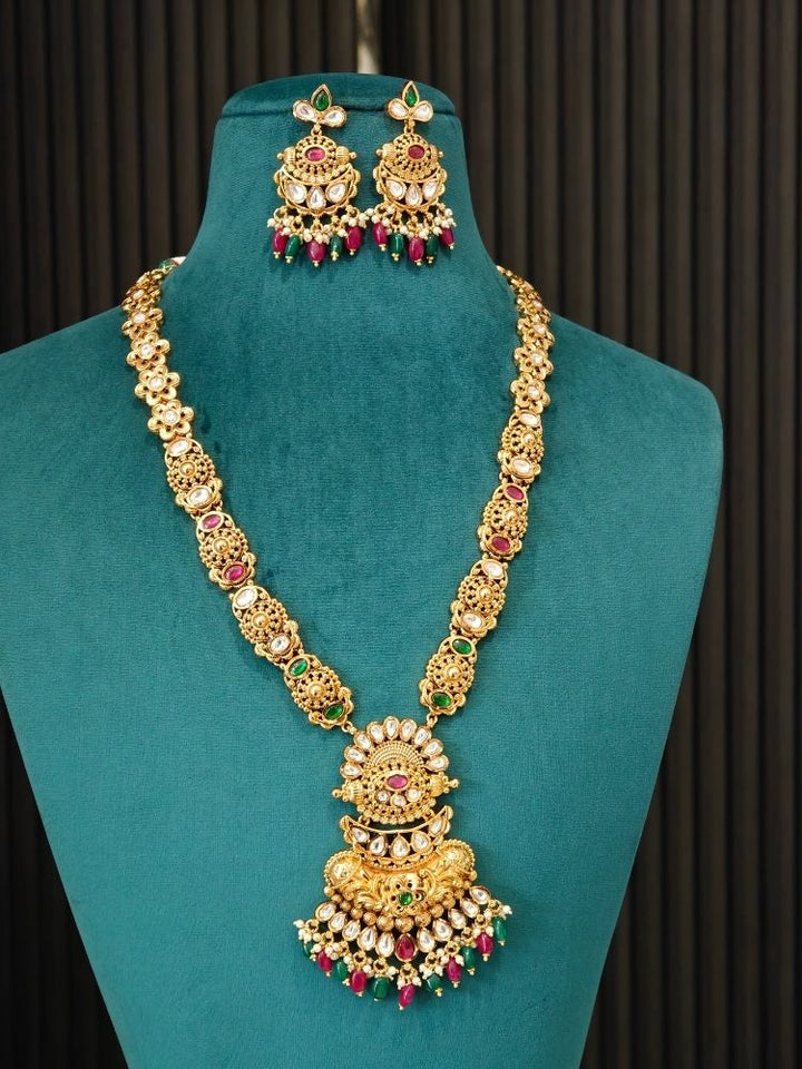 Rajkanya Gold Necklace Set (Red & Green Beads)