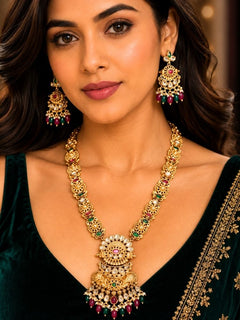 Rajkanya Gold Necklace Set (Red & Green Beads)