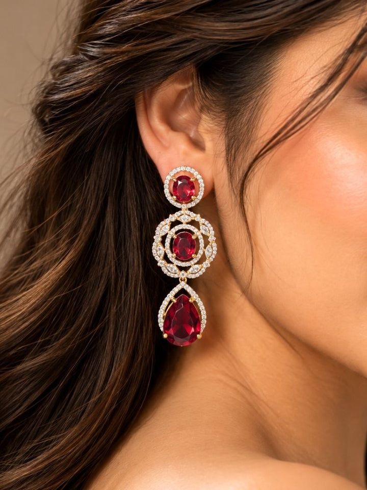 Chantilly earrings close-up – ruby red and American diamond long drop earrings, matching the necklace set