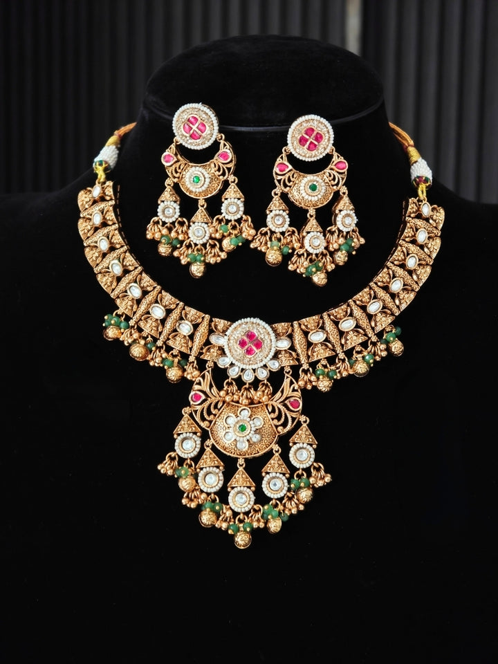 Alakapuri Heritage Pink & Green Necklace Set
