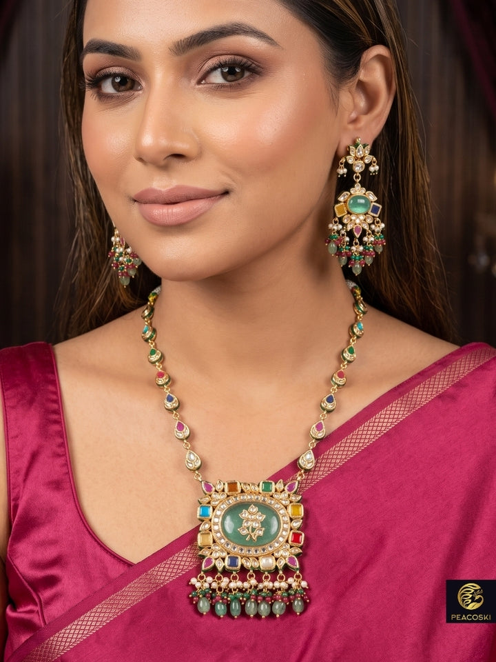 Navratan work multicolour long necklace set with mint green centre stone and Kundan earrings