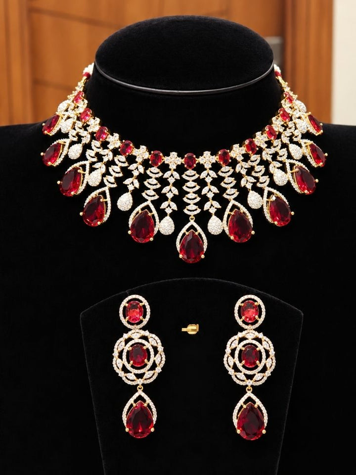Chantilly Necklace Set with earrings – a silver-tone American diamond collar necklace with ruby red teardrop stones, jewellery set to buy online