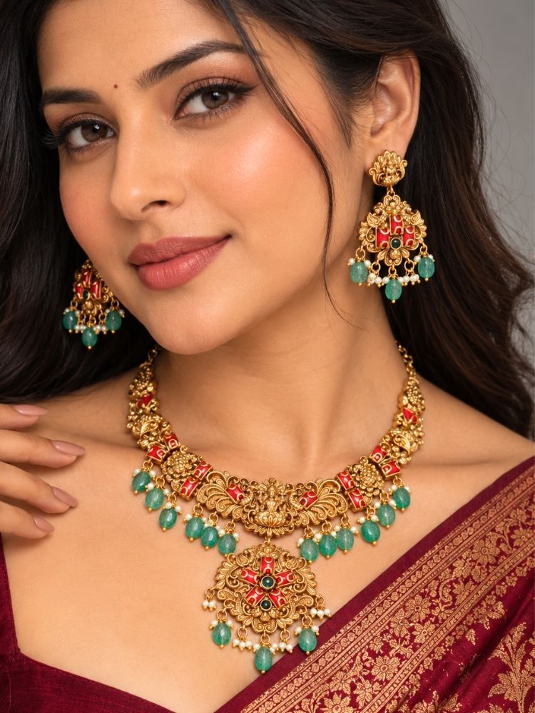 Kallolini Lakshmi Temple Red & Green Necklace Set