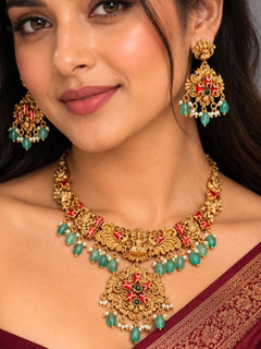 Kallolini Lakshmi Temple Red & Green Necklace Set
