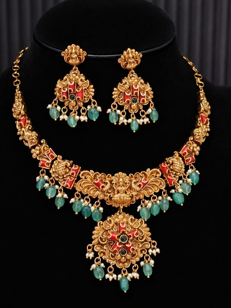 Kallolini Lakshmi Temple Red & Green Necklace Set