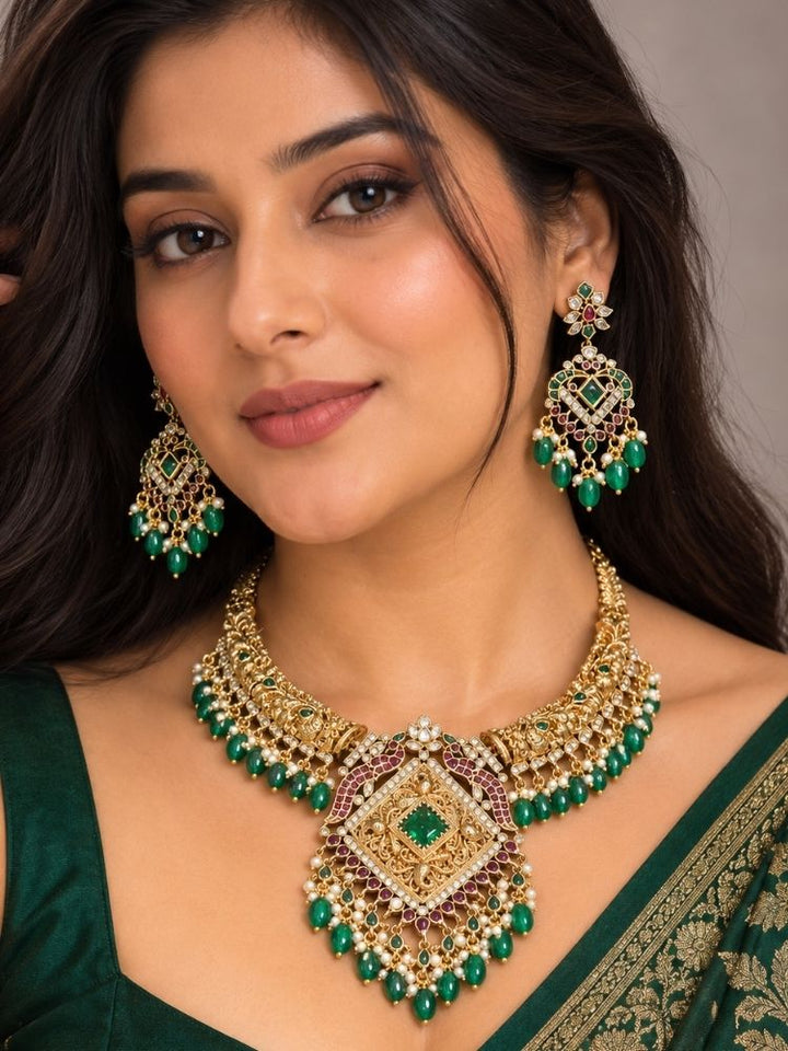 Udayagiri South Indian Jadau Ruby Pink & Green Necklace Set