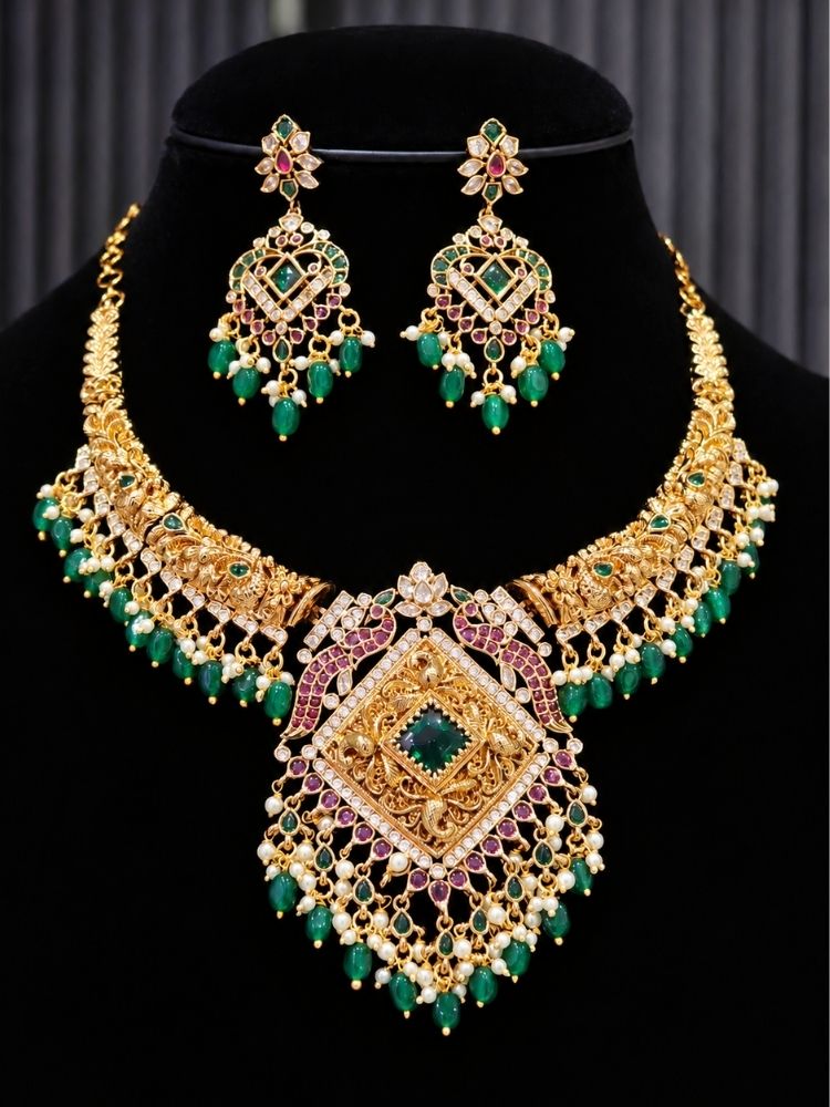 Udayagiri South Indian Jadau Ruby Pink & Green Necklace Set