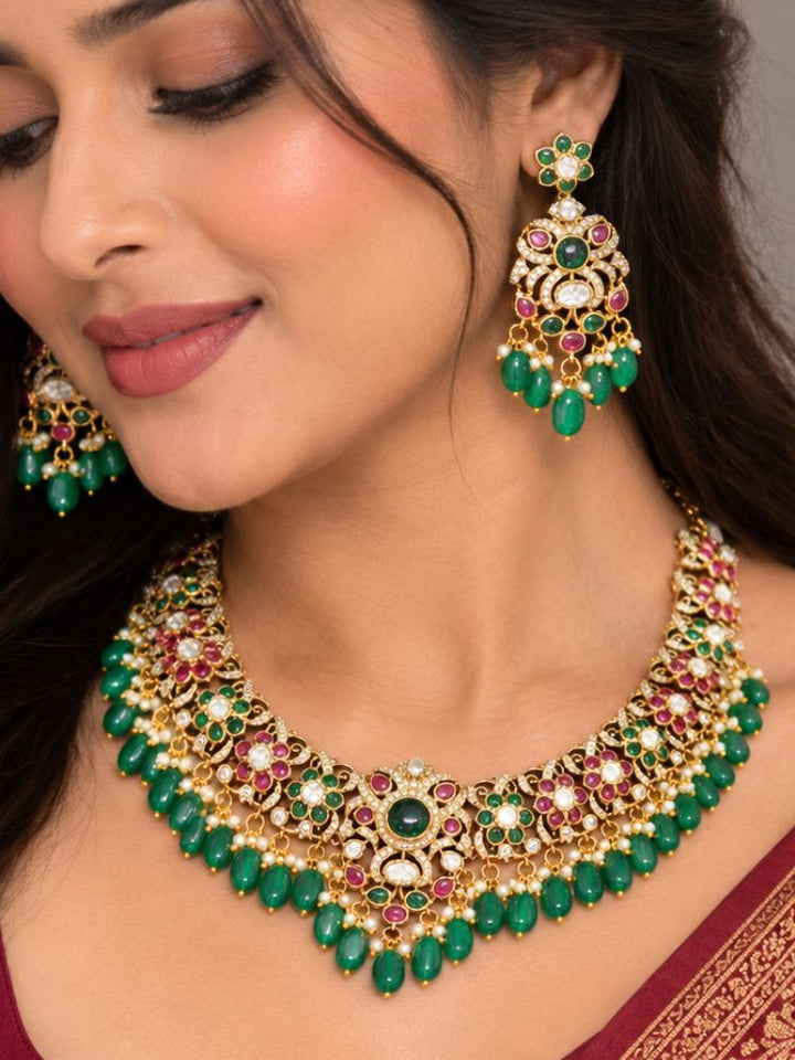 Sharmeen Ruby Pink & Green Collar Necklace Set
