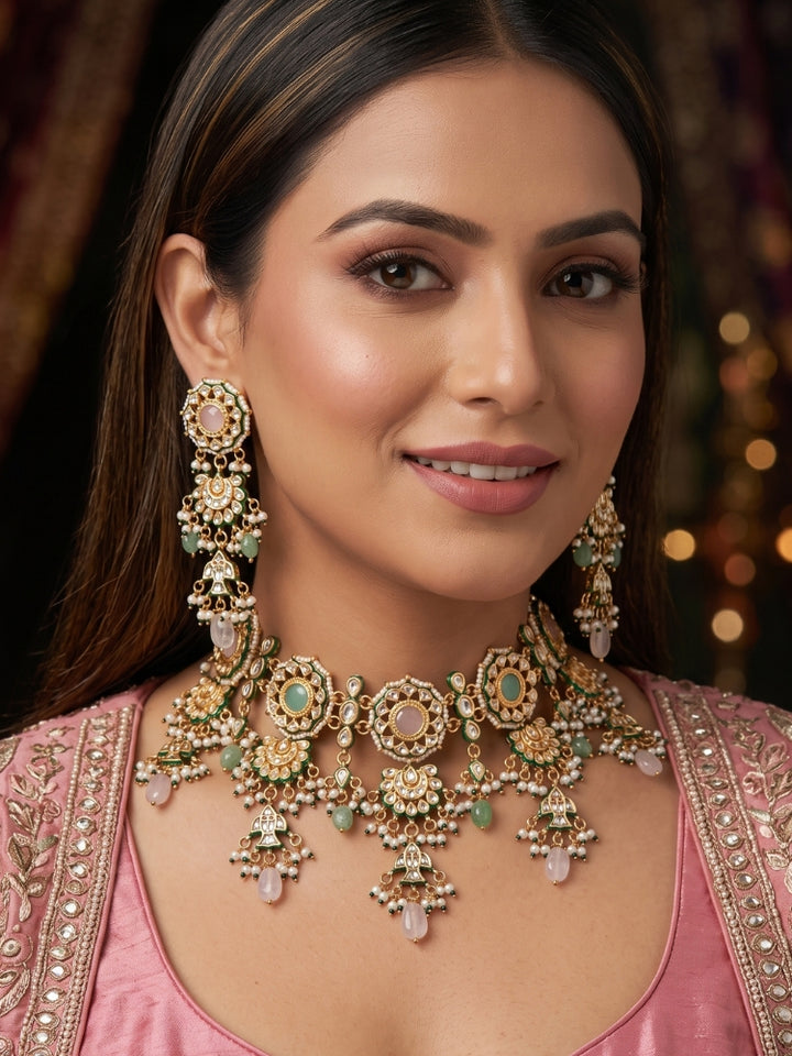Pastel Kundan choker necklace set with mint green and blush pink stones and pearl clusters