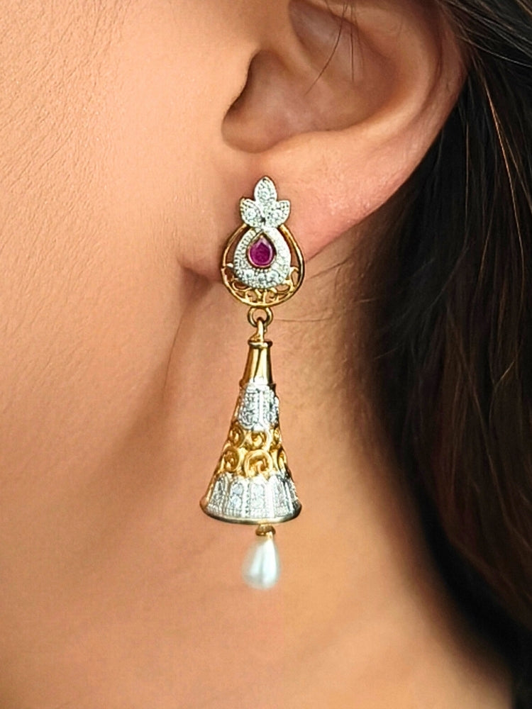 Woman wearing Niral gold jhumka earrings with pearls – lightweight jhumkas for ethnic and indo-western wear