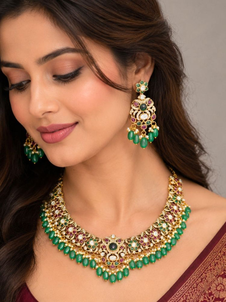 Sharmeen Ruby Pink & Green Collar Necklace Set