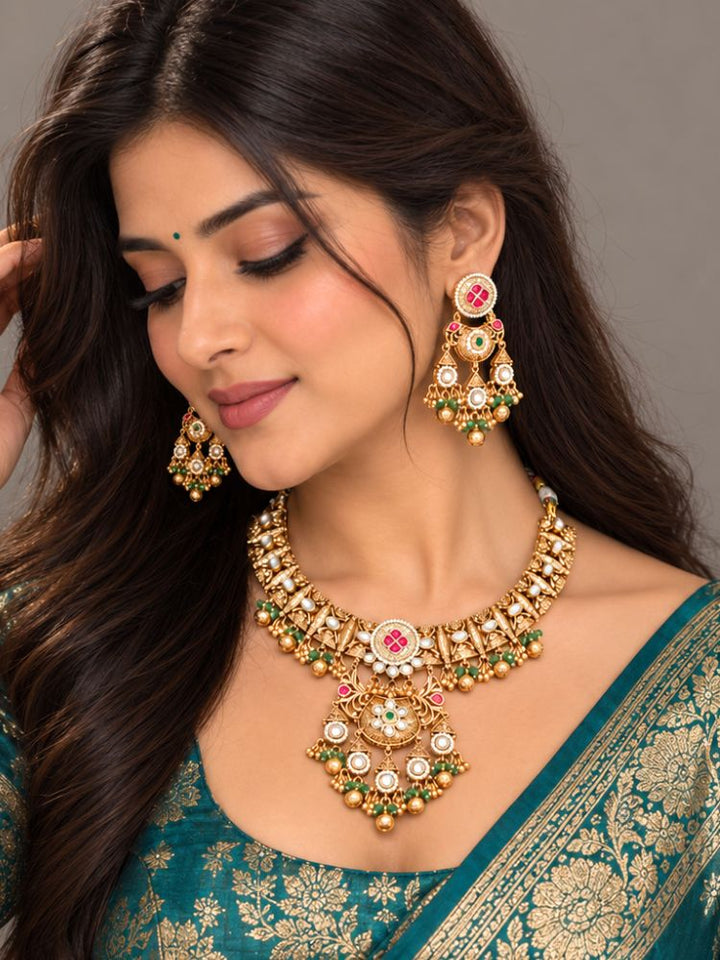 Alakapuri Heritage Pink & Green Necklace Set