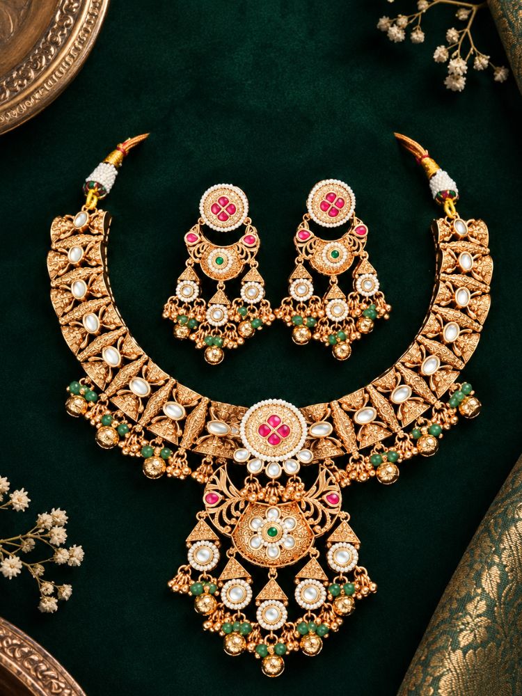 Alakapuri Heritage Pink & Green Necklace Set
