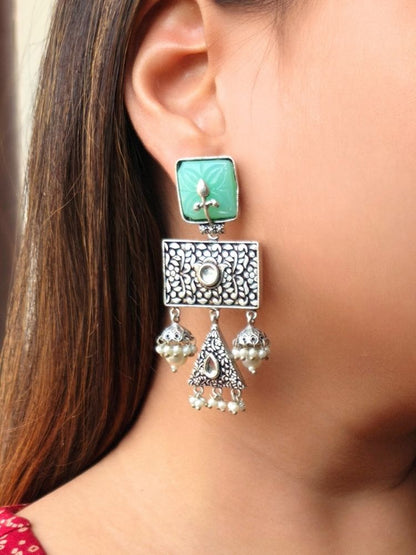 Green Tanvi Oxidized Long Earrings