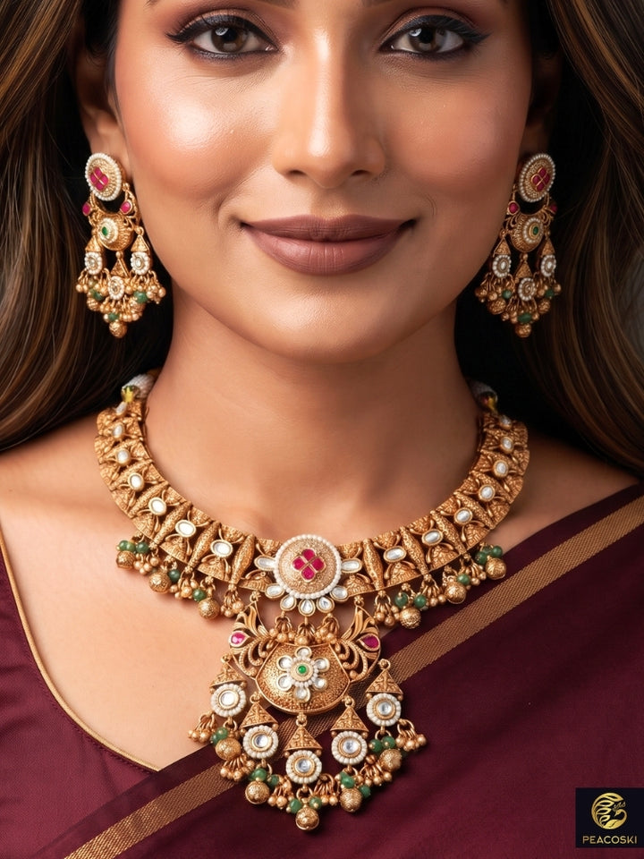 Alakapuri Heritage Pink & Green Necklace Set