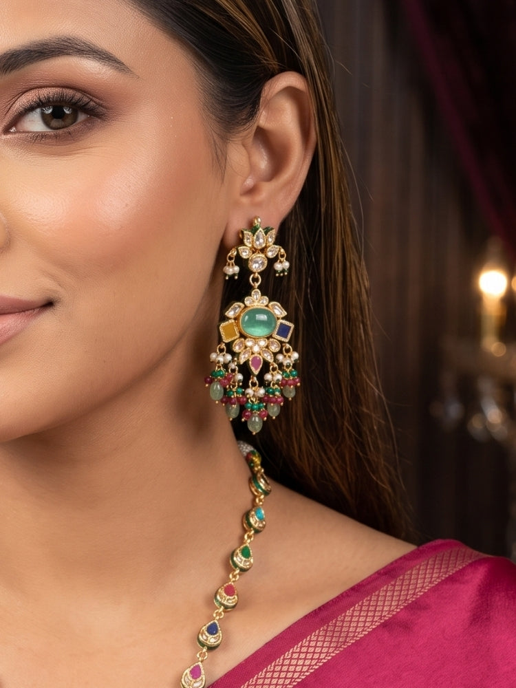 Multicolour Navratan work long necklace set with pearl and green bead fringe on display