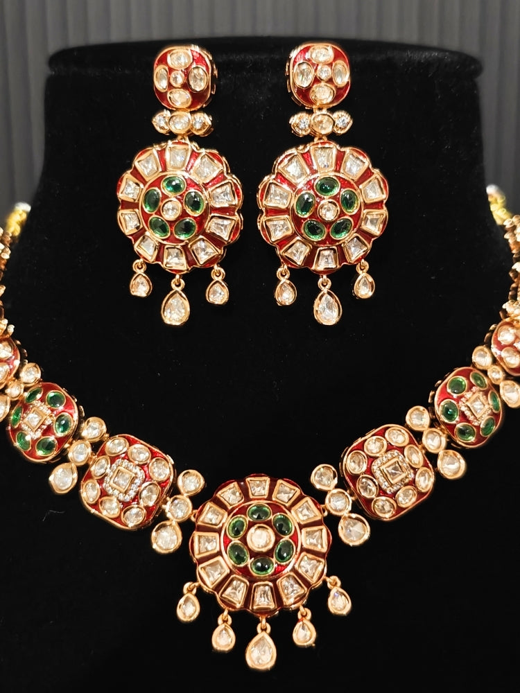 Suraiya Red & Green Polki Necklace Set