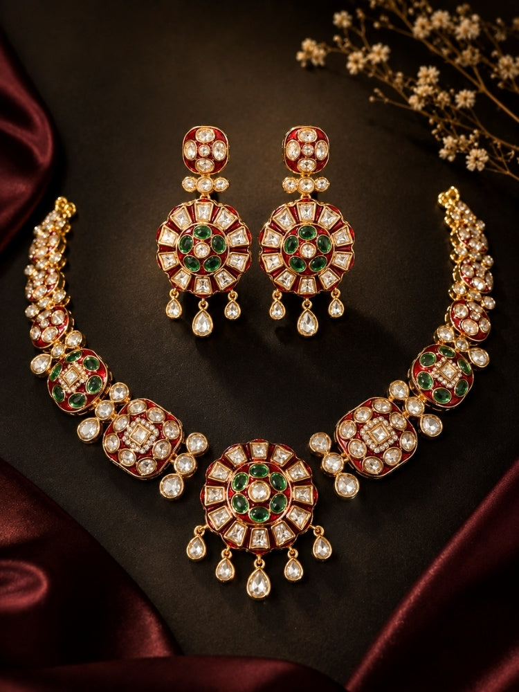 Suraiya Red & Green Polki Necklace Set