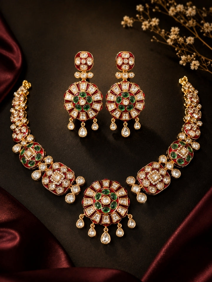 Suraiya Red & Green Polki Necklace Set