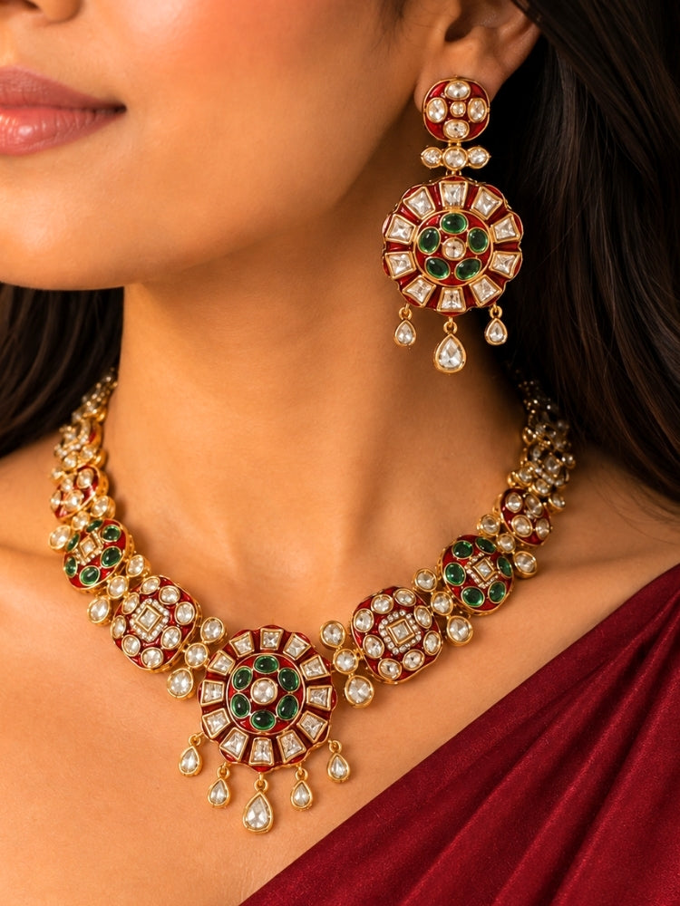 Suraiya Red & Green Polki Necklace Set