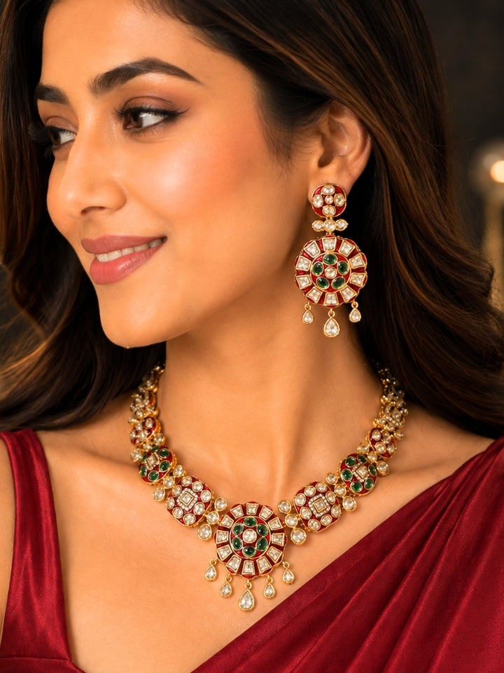 Suraiya Red & Green Polki Necklace Set