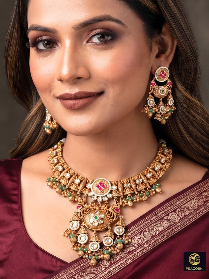 Alakapuri Heritage Pink & Green Necklace Set