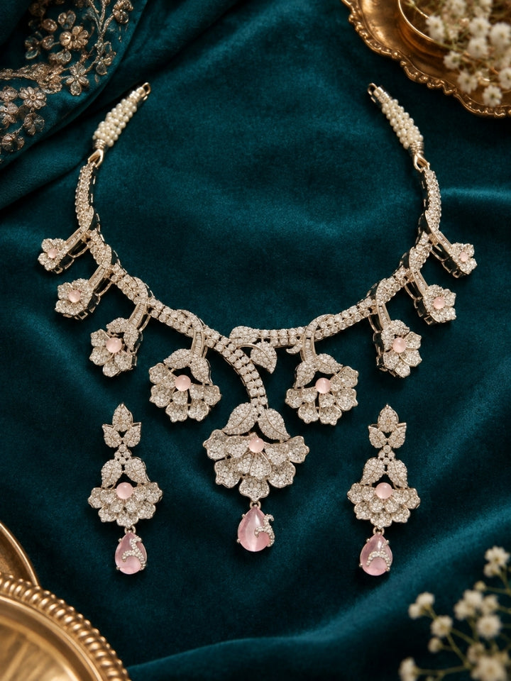 Oleander American Diamond Mint Pink Silver Tone Necklace Set