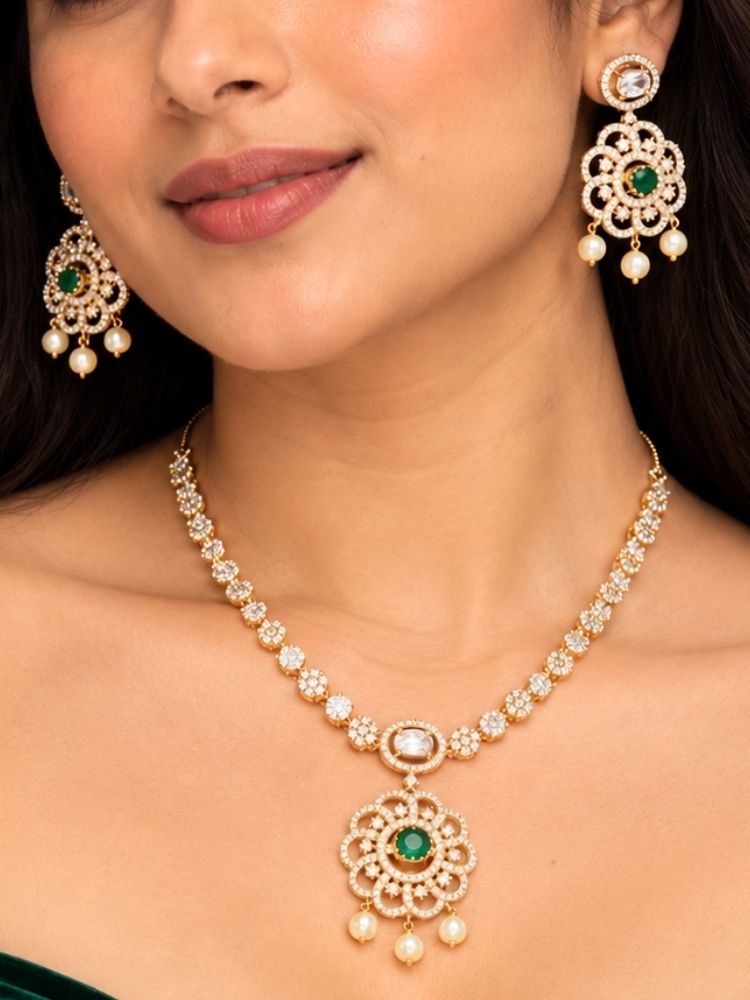 Coco Colour Changing Necklace Set – woman wearing a gold-tone American diamond necklace with interchangeable colour stone pendant and matching earrings