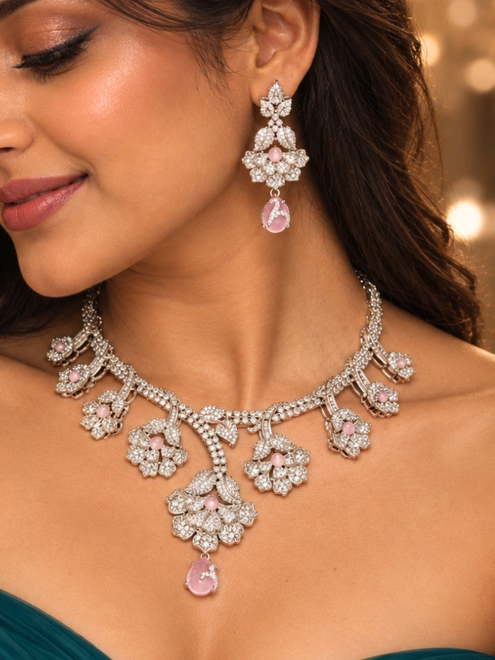 Oleander American Diamond Mint Pink Silver Tone Necklace Set