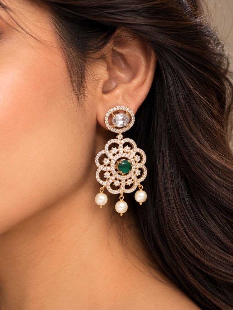 Coco earrings close-up – American diamond drop earrings with interchangeable colour stone