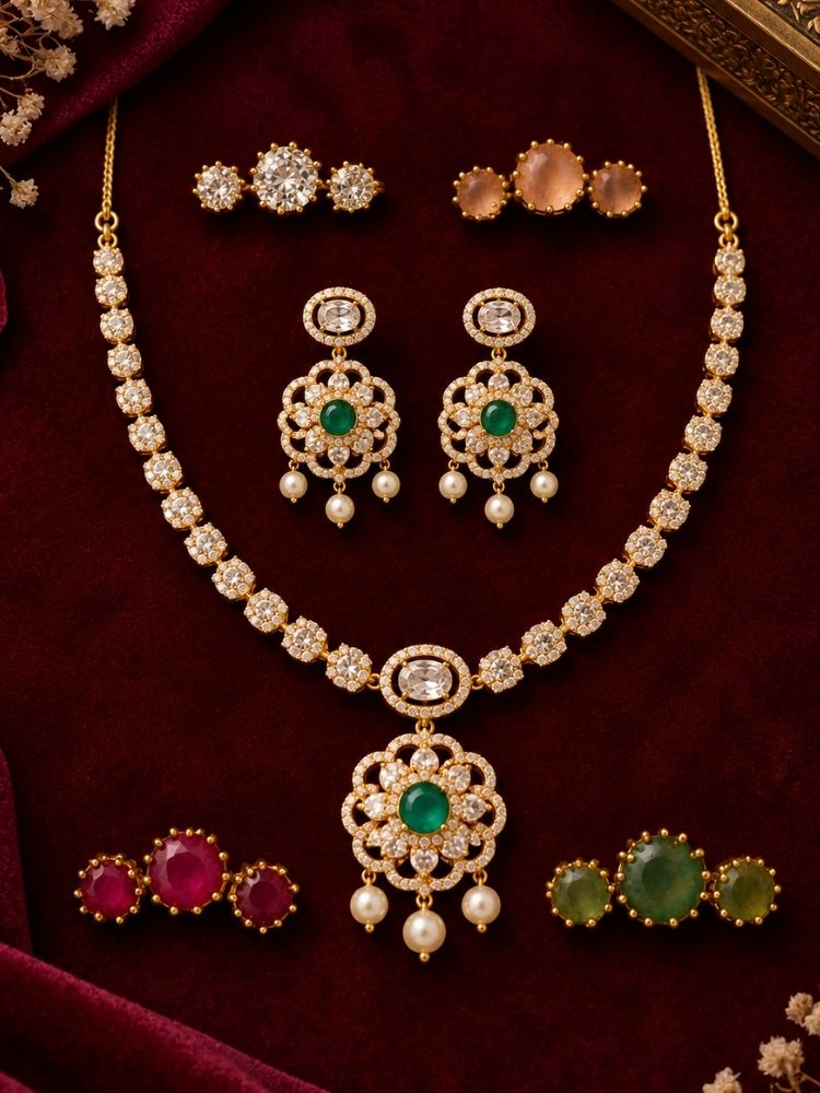 Coco Colour Changing Necklace Set on maroon velvet – AD necklace and earrings with changeable red, green and blue stones