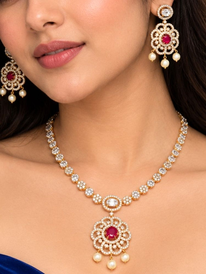 Coco colour changing necklace worn with the ruby red stone – one necklace, many looks for parties and weddings