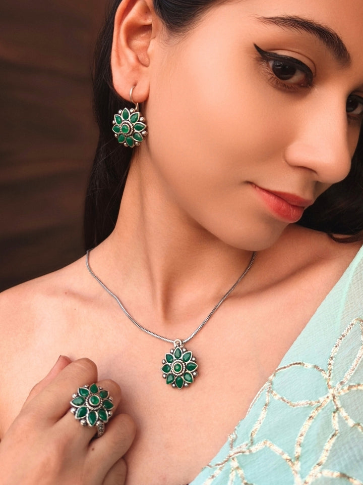 Shivangi Green Pendant Set with Ring