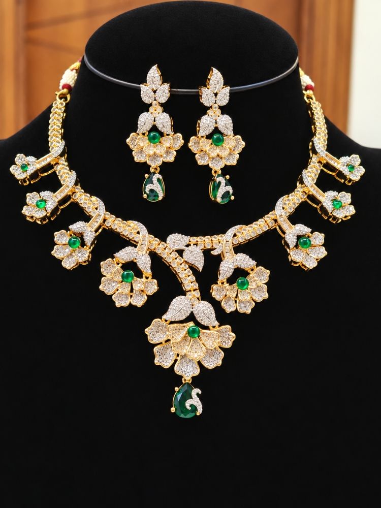 Oleander American Diamond Green Dual Tone Necklace Set